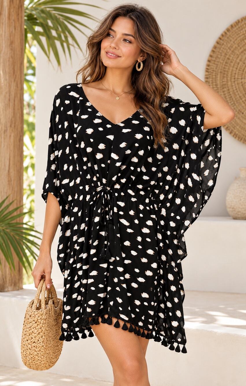 Swim by Cacique 18/20 Black White Spot Kaftan Cover Up Tassel V Neck Plus Size